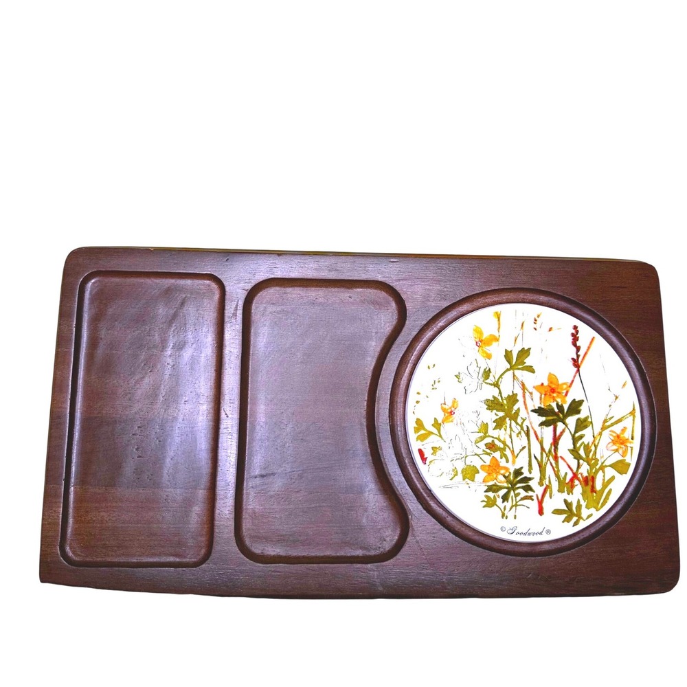 Vintage Goodwood Wood Cheese Board Cracker Tray Wildflower Ceramic Tile 15.5x8.5